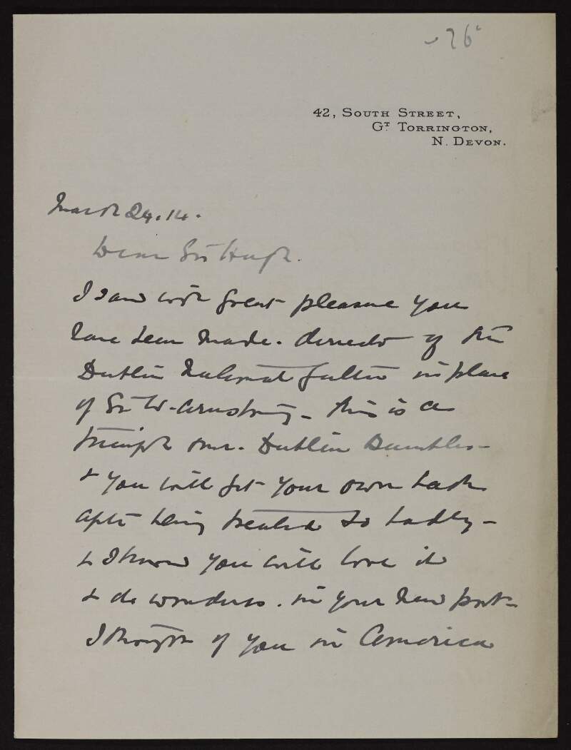 Letter from Helen McNaghten to Hugh Lane congratulating him on his success at the National Gallery of Ireland,