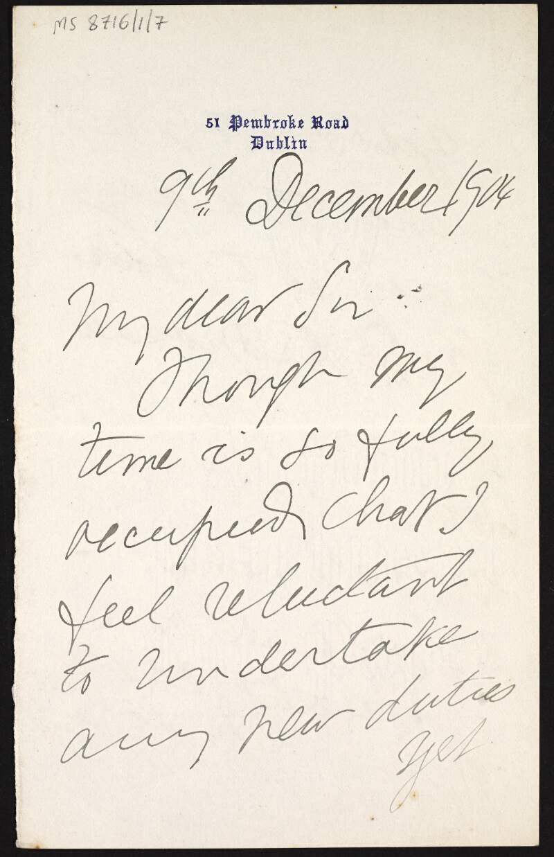 Note from Charles Cameron to Hugh Lane regarding an invitation to join a committee stating that he cannot commit to anything just yet,