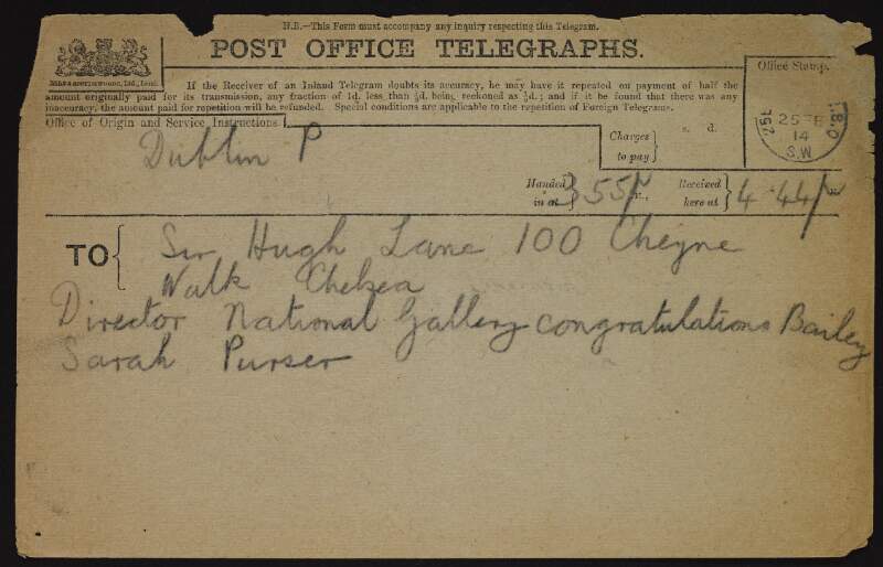 Telegram from Sarah Purser to Hugh Lane congratulating him on his appointment as Director of the National Gallery of Ireland,