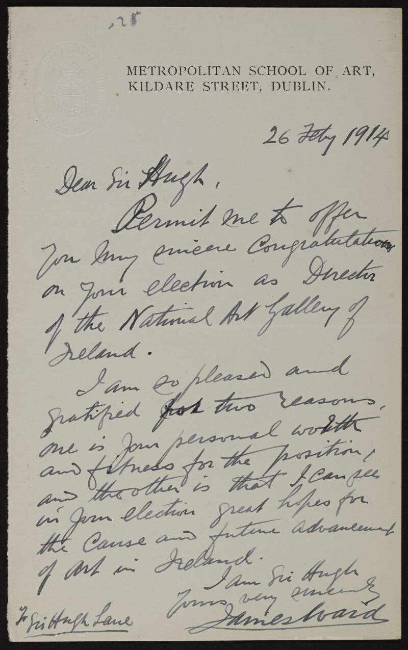 Letter from James Ward to Hugh Lane congratulating him on his appointment as Director of the National Gallery of Ireland,