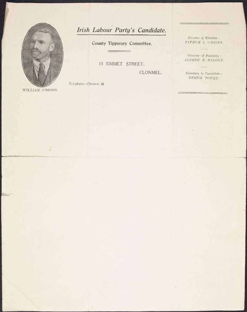 Headed paper of the Irish Labour Party's Candidate from the County Tipperary Committee, William O'Brien ,