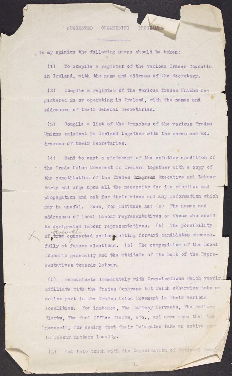 Copy typescript report of a suggested organising programme regarding the trade union movement in Ireland,