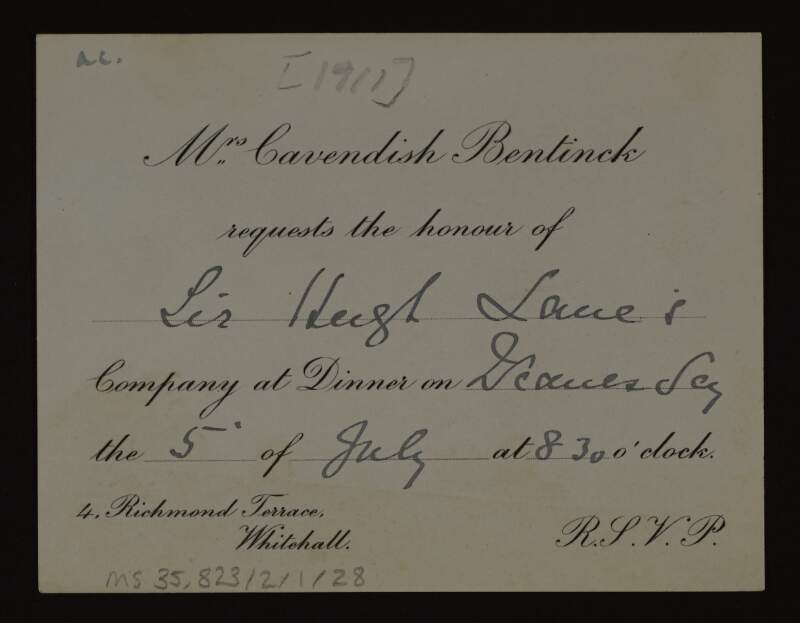 Invitation card from Ruth Cavendish Bentinck to Hugh Lane requesting his company at dinner on 5 July,