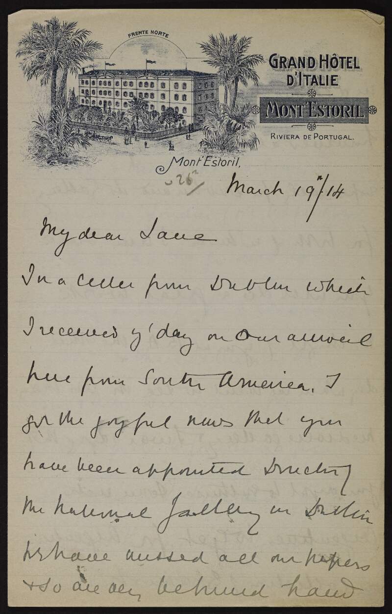 Letter from [Her Neuman?] to Hugh Lane congratulating him on his appointment as Director of the National Gallery of Ireland and asking if he will loan his Impressionist paintings to Leeds,