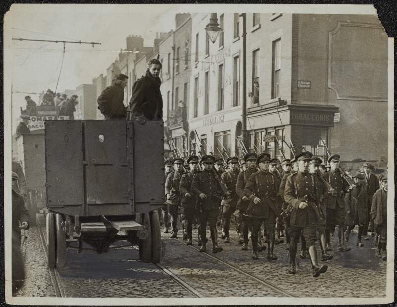 A detachment of Ireland's new army marching to take over their old headquarters Beggar's Bush Barracks, Dublin