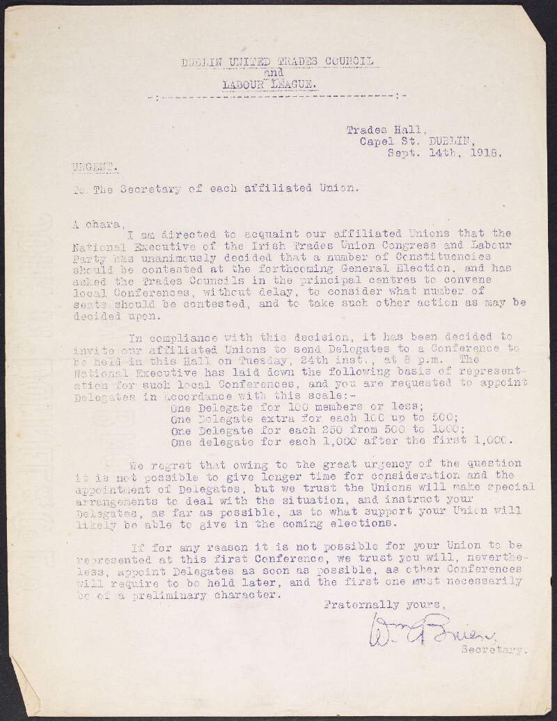 Typescript circular letter from William O'Brien to the Secretary of each affiliated Union informing them that the National Exectutive of the Irish Trades Union Congress and Labour Party has decided that a number of constituencies' seats should be contested at the upcoming General Election,