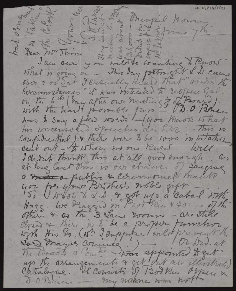 Letter from Sarah Purser to Ruth Shine about members of the "Board" [of the National Gallery of Ireland], the pictures donated to it by Hugh Lane and the Gallery catalogue being printed,
