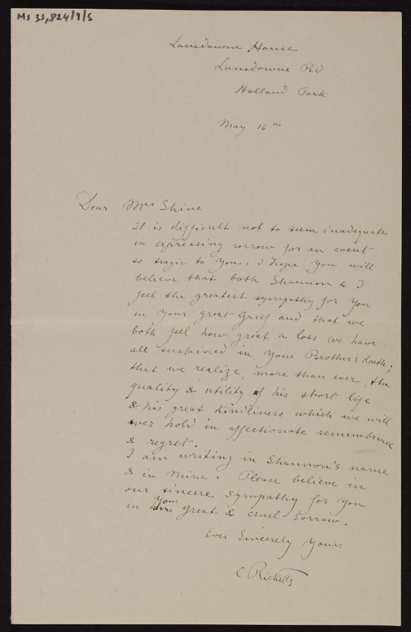 Letter of condolence from Charles Ricketts to Ruth Shine on the death of Hugh Lane [onboard the RMS Lusitania],