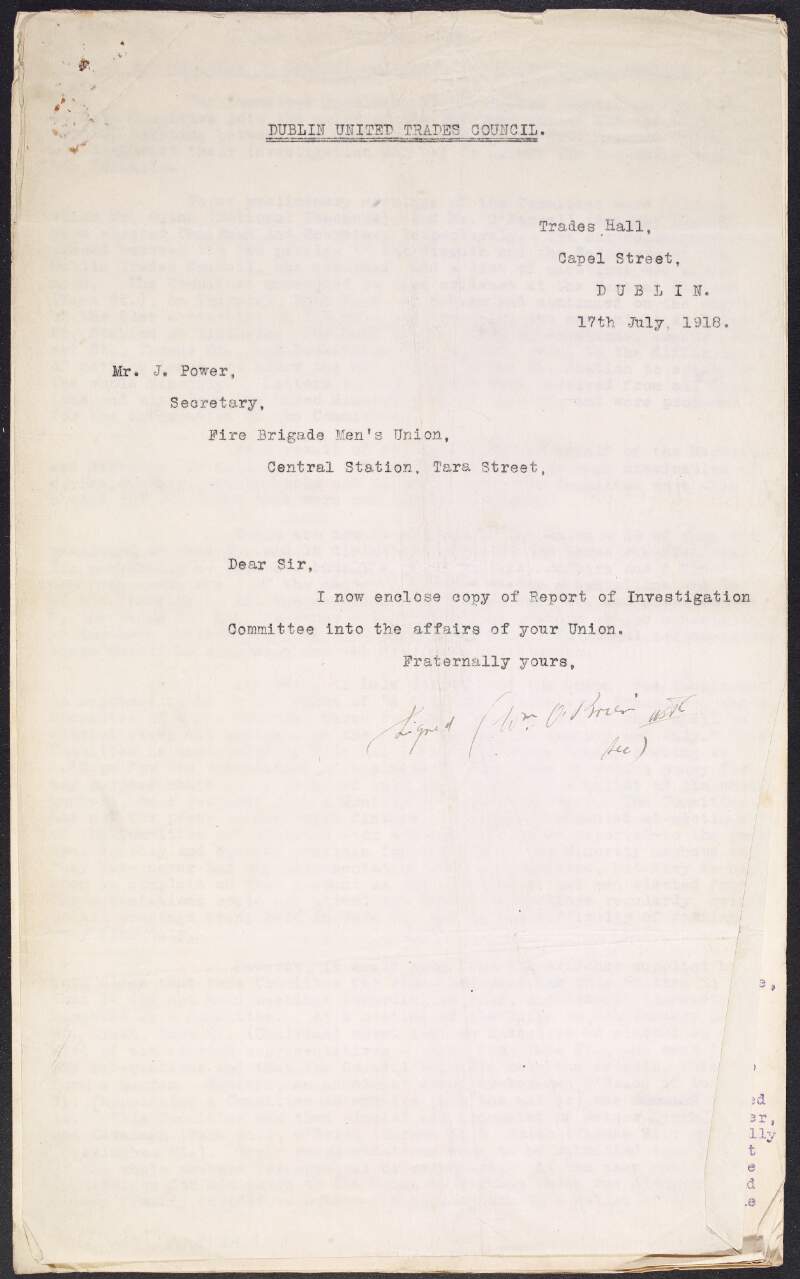 Typescript letter from William O'Brien to "J. Power", secretary of the Frie Brigade Men's Union, informing him of the enclosed report on the ivestigation committee into the affairs of said Union,