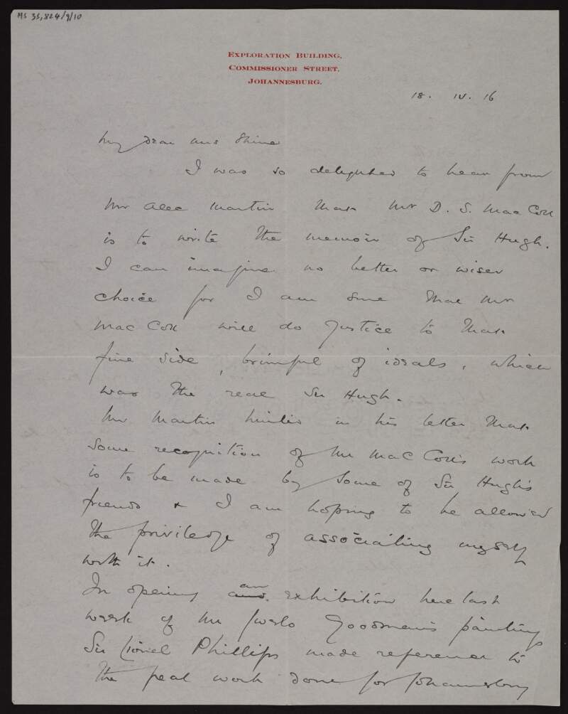 Letter from J.M. Solomon to Ruth Shine about how delighted he is that Dugald MacColl is to write the memoir of Hugh Lane,