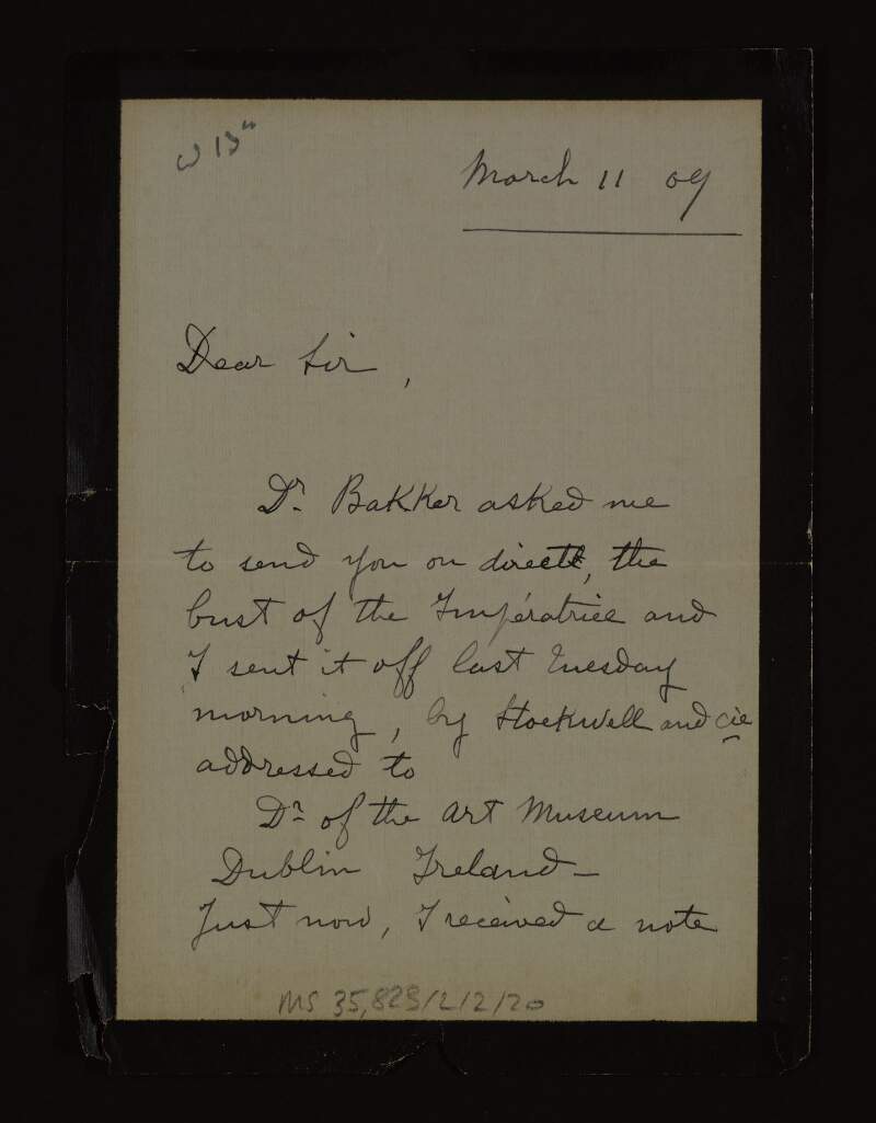 Letter from Louise Clément-Carpeaux to Hugh Lane informing him that she sent him the bust of the Impératrice,