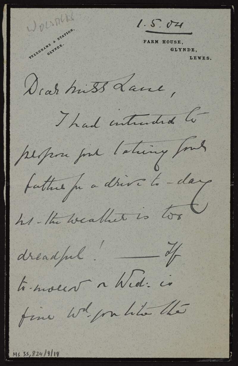 Letter from Louisa Wolseley to Ruth Shine about how the weather was too bad to go out for a drive,