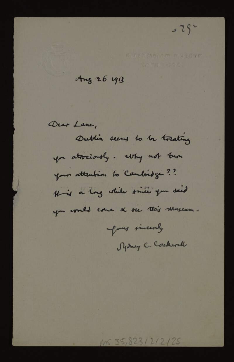 Letter from Sydney C. Cockerell to Hugh Lane inviting him to Cambridge,