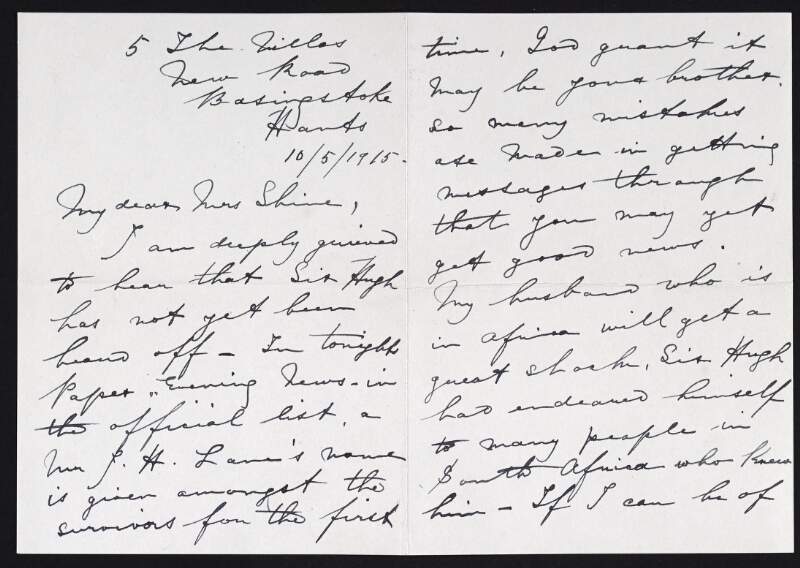 Letter from [Henrica C. Roworth?] to Ruth Shine conveying her sympathy on the lack of news regarding her brother Hugh Lane following the sinking of the Lusitania,