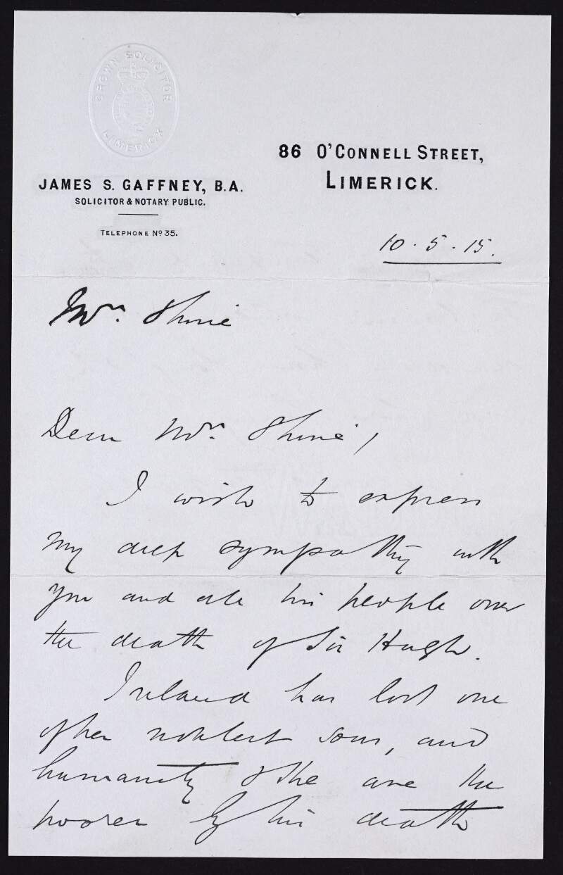 Letter from James S. Gaffney to Ruth Shine expressing his deep sympathies over the death of her brother, Hugh Lane,