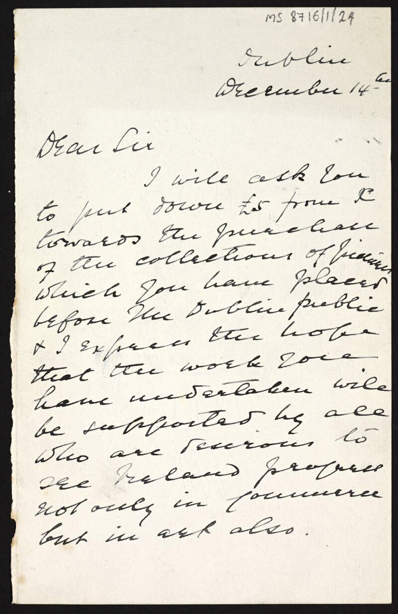 Partial letter from an unidentified author to Hugh Lane donating £5 towards the purchase of collections,