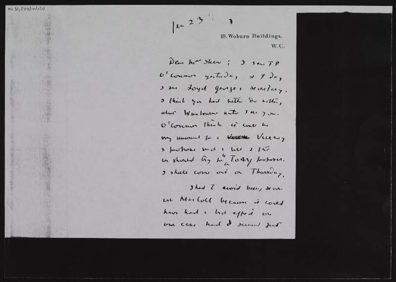 Photocopy of a letter from W.B. Yeats to Ruth Shine about seeing T.P. O'Connor and David Lloyd George,