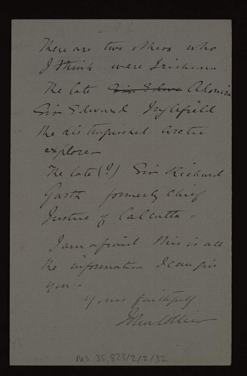 Letter from John Collier to Hugh Lane regarding the Irishmen he has painted,
