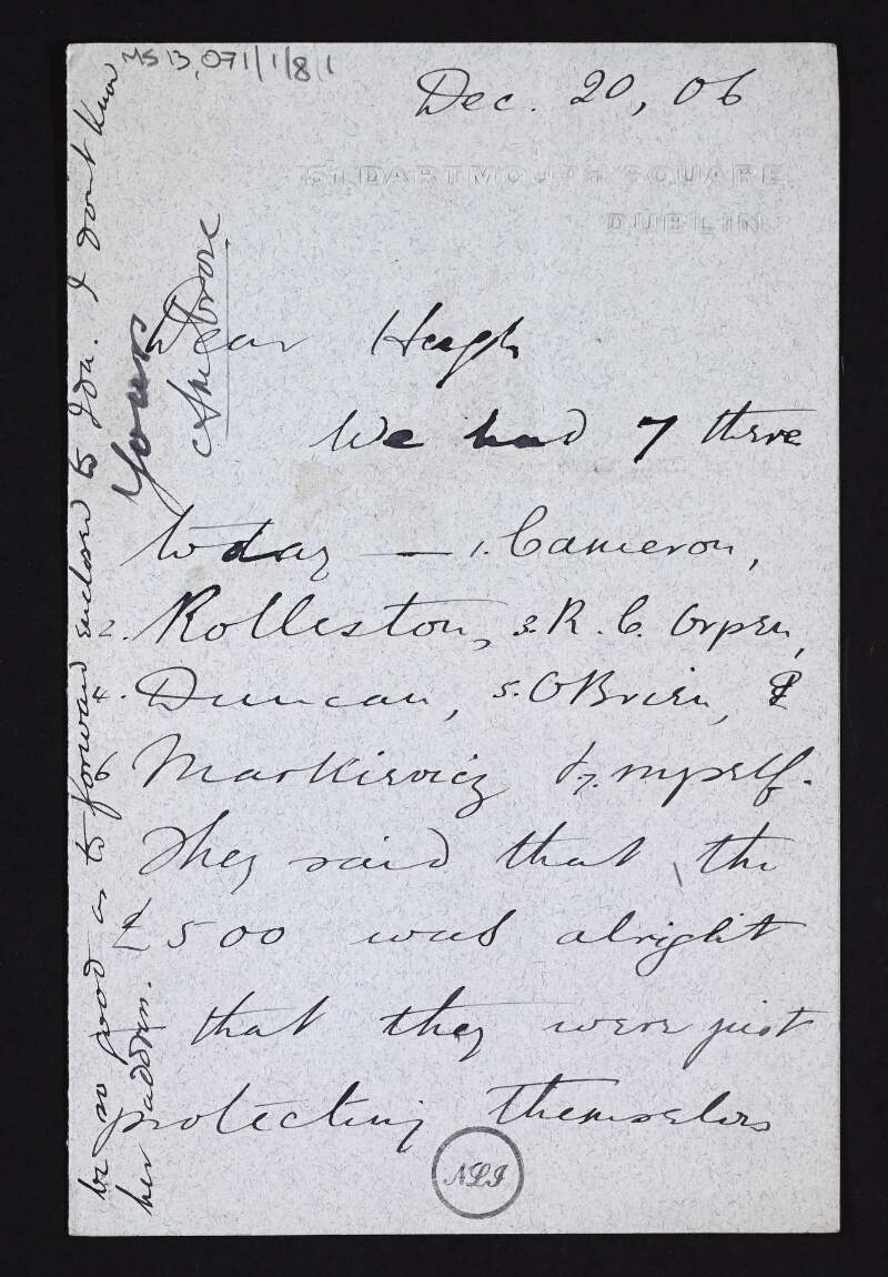 Letter from "Ambrose" to Hugh Lane giving details of a meeting and referring to the [Dublin] Corporation,