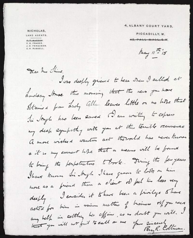 Letter from Percy R. Coltman to Ruth Shine expressing his deep sympathy over the death of her brother, Hugh Lane,