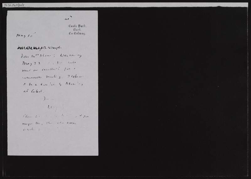 Photocopy of a letter from W.B. Yeats to Ruth Shine referring to Wednesday 23 May,