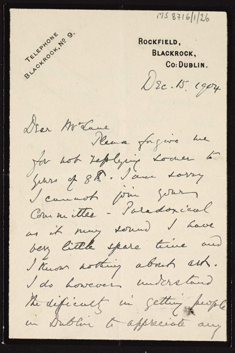 Letter from W.P. Geoghegan to Hugh Lane saying he cannot join the committee as he has little spare time,