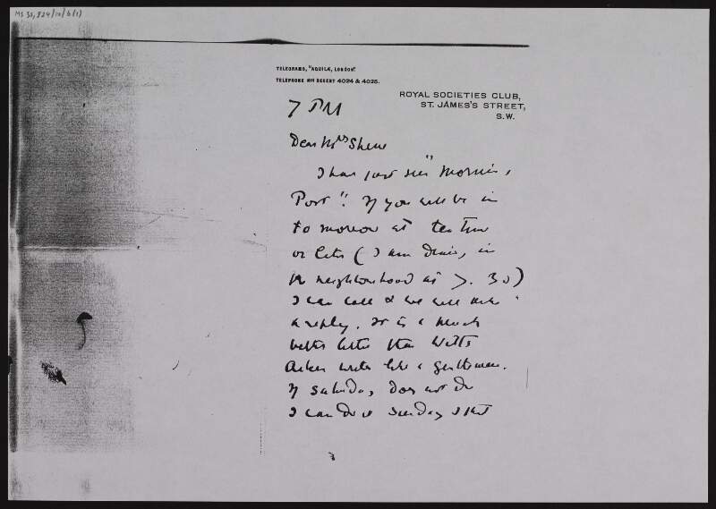 Photocopy of a letter from W.B. Yeats to Ruth Shine about having seen "Monsieur Porr",