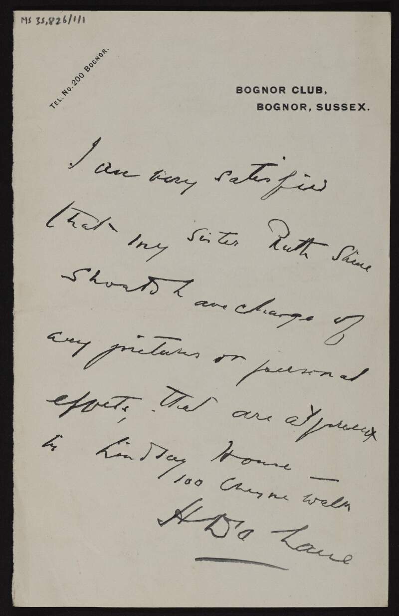 Note by Hugh Lane, leaving his sister, Ruth Shine, in charge of his estate,