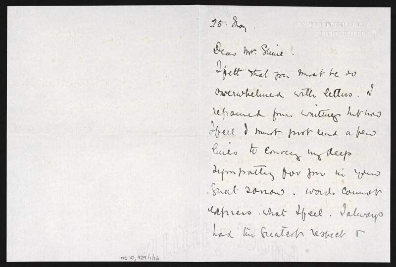 Letter from Grace Caulfeild to Ruth Shine conveying her deep sympathy on the death of her brother, Hugh Lane,