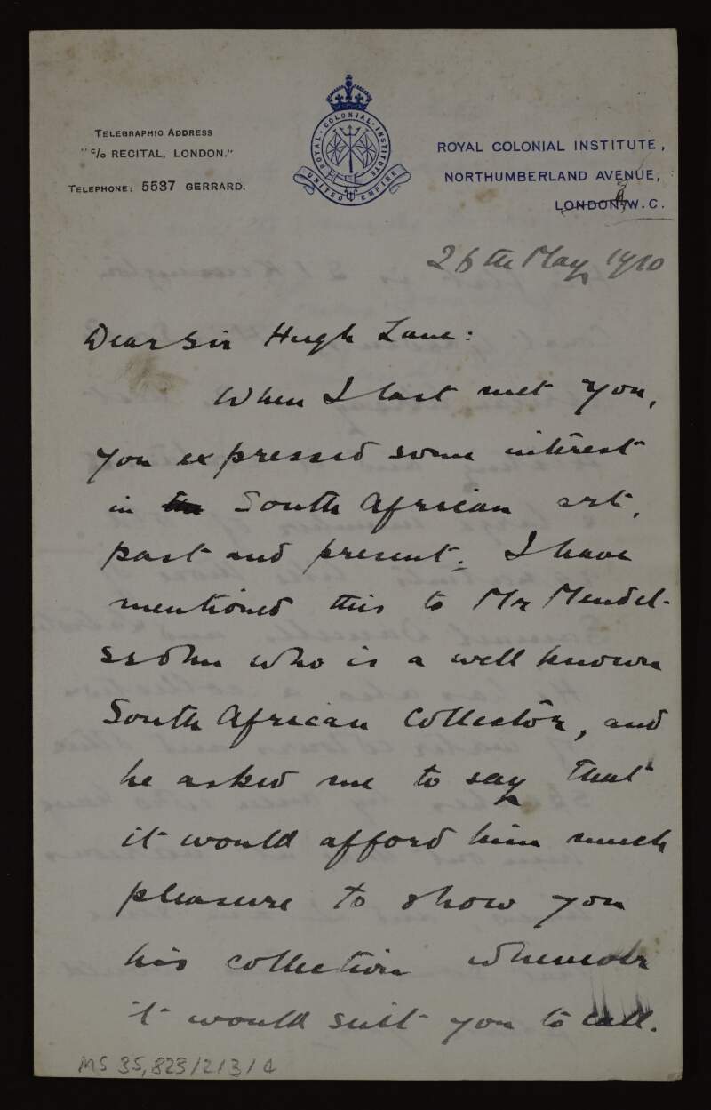 Letter from Ian D. Colvin to Hugh Lane suggesting he visits Mr Mendelssohn, a South African collector,