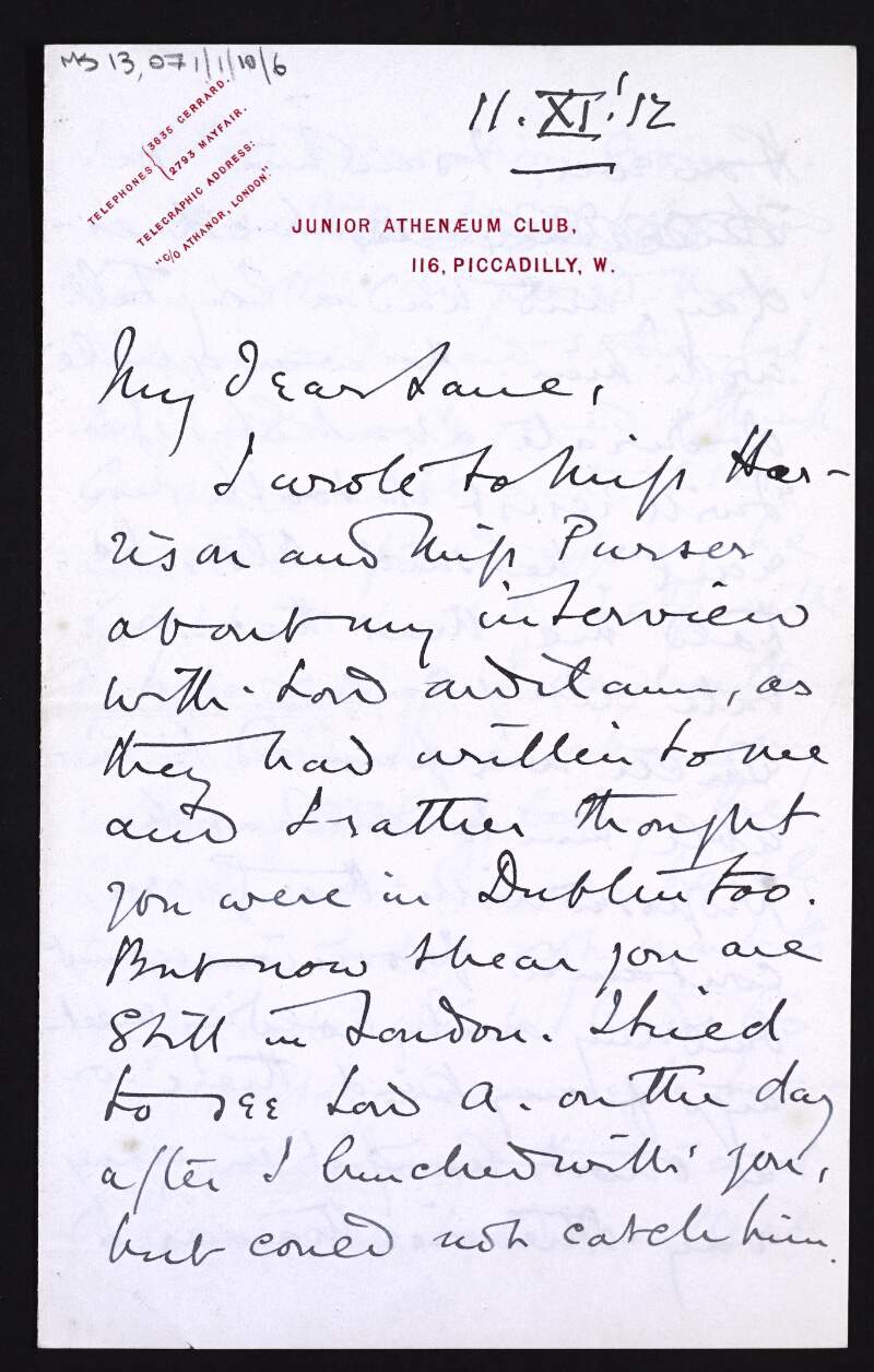 Letter from Walter Armstrong to Hugh Lane giving details of Armstrong's meeting with Lord Ardilaun about possible sites [for the Municipal Gallery] including St. Stephen's Green and the Casino, Marino,