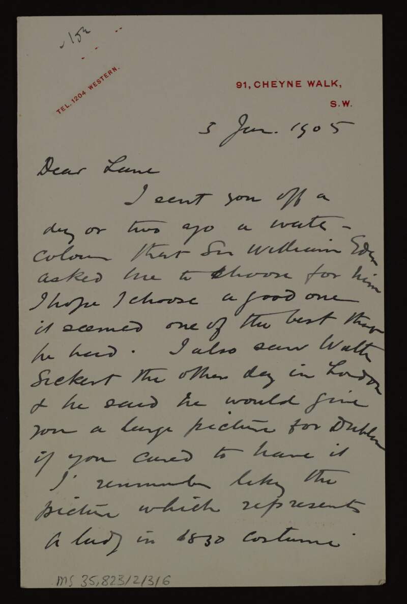 Letter from Charles Conder to Hugh Lane regarding a large picture Walter Sickert will send to Dublin,