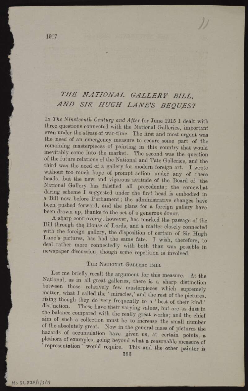 Article by "D.S.M." discussing the National Gallery, London, and the dispute between London and Dublin over the late Hugh Lane's art collection,