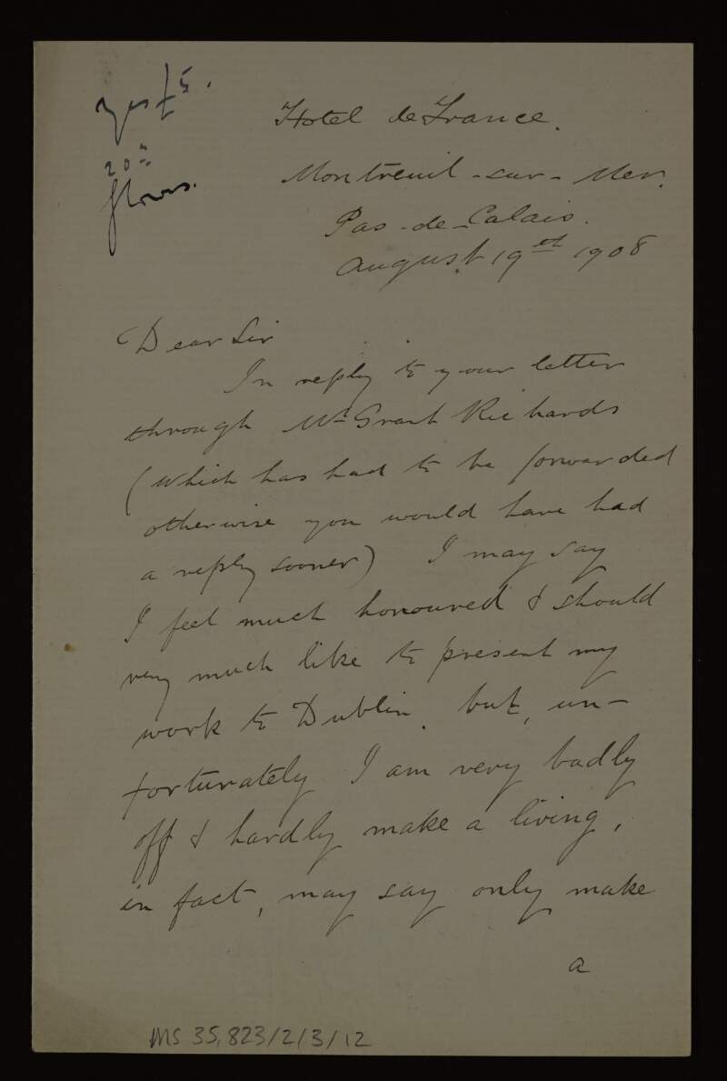 Letter from Philip Connard to Hugh Lane asking if he could be paid £6 or £7 for his painting,