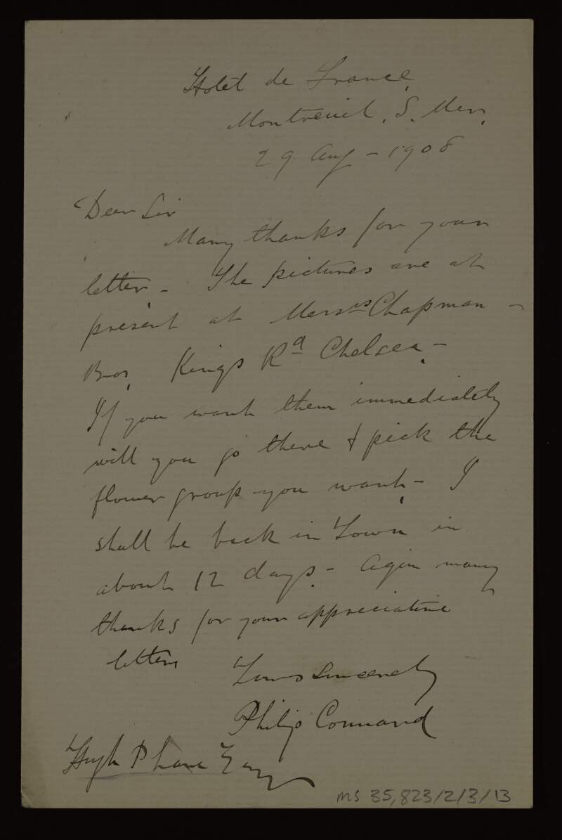 Letter from Philip Connard to Hugh Lane asking him to pick one of his paintings from Chelsea,