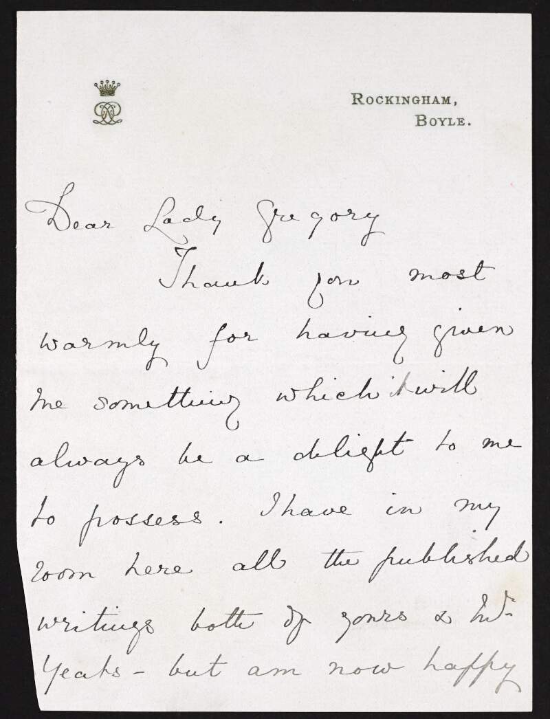 Letter from Rachel Countess of Dudley to Lady Gregory thanking her for providing her with the writings of W.B Yeats and Lady Gregory's own writings, and requesting she thank W. B Yeats for her,