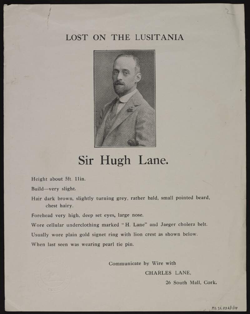 Missing poster for Hugh Lane with photograph and physical description, with contact details given for Charles Lane in Cork,