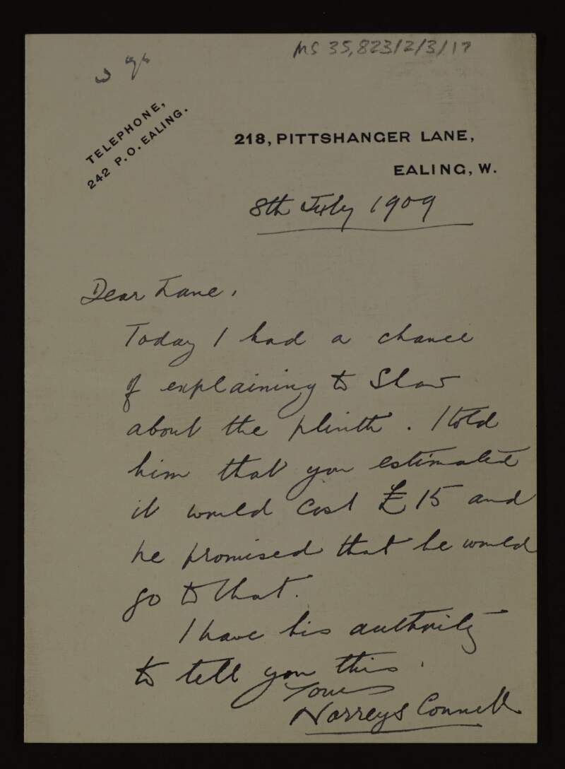 Letter from Norreys Connell to Hugh Lane regarding the price of a plinth,