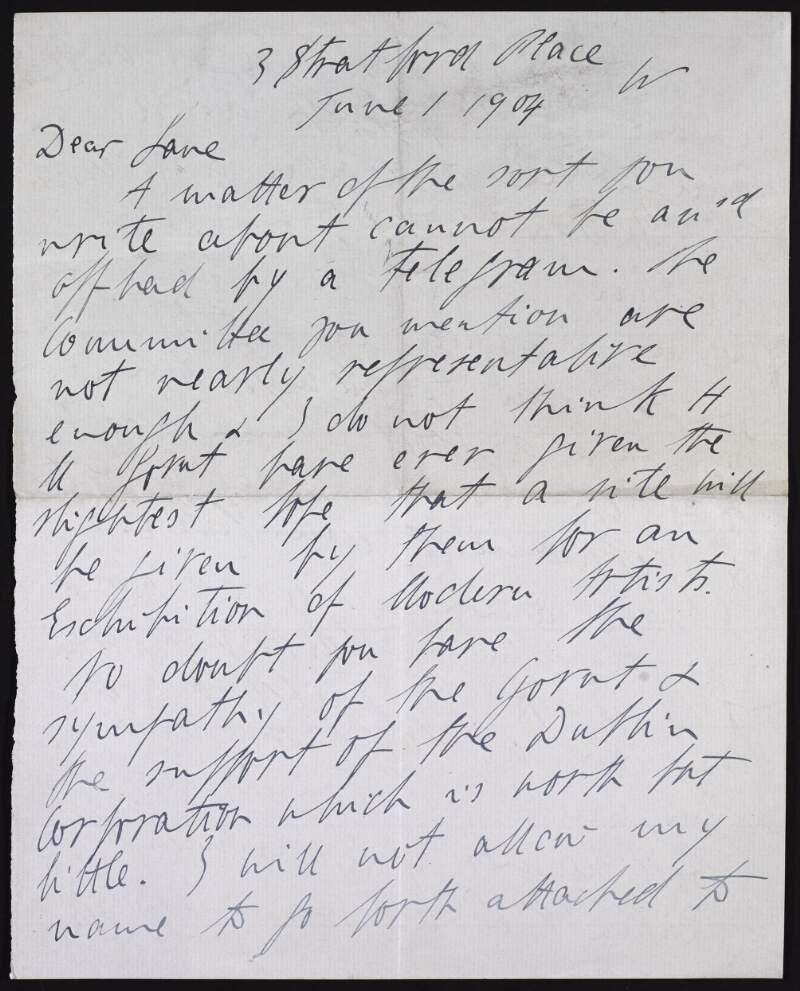Letter from Dermot Wyndham-Bourke, 7th Earl of Mayo to Hugh Lane agreeing to attach his name to a circular to form a committee for the formation of a modern art gallery in Dublin,
