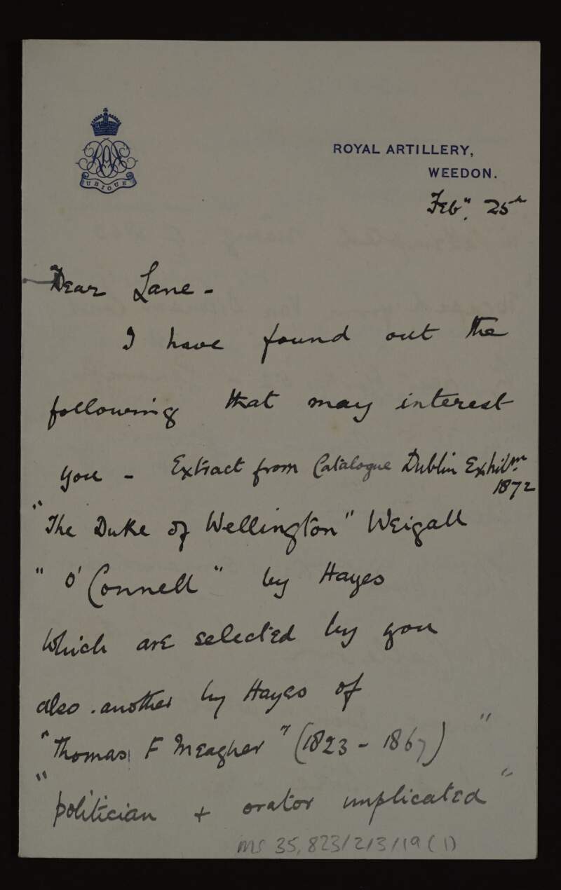 Letter from Major Edward M. Conolly to Hugh Lane listing pictures which may be at Castletown and which he agrees to send to the St Louis Exhibition,