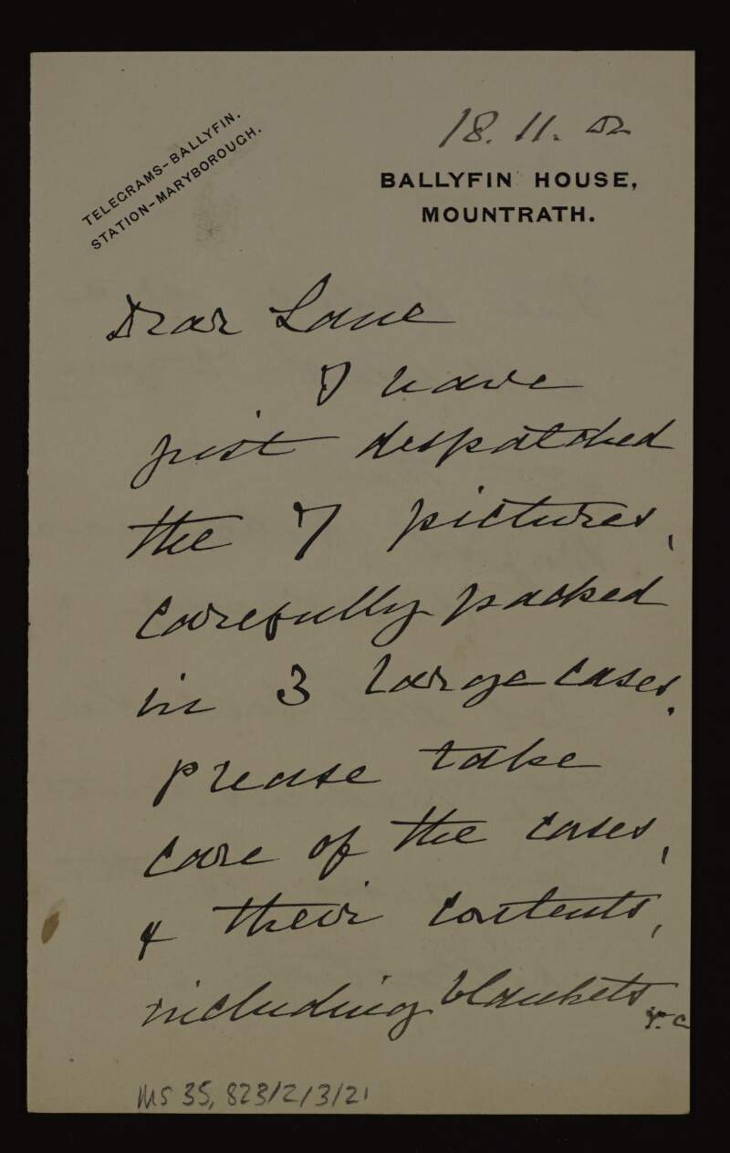 Letter from Algernon Coote to Hugh Lane informing him that he has sent him the seven pictures,