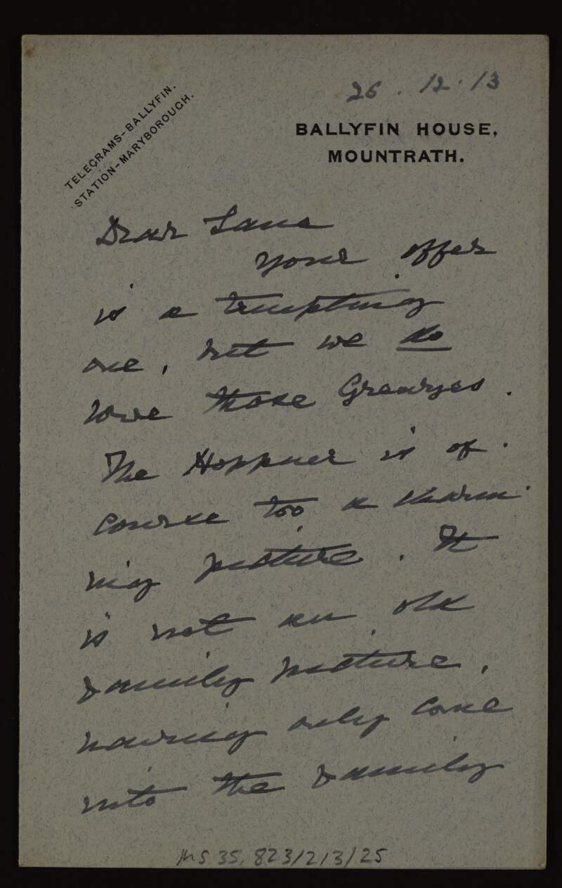 Letter from Algernon Coote to Hugh Lane informing him that he will sell no pictures at present,