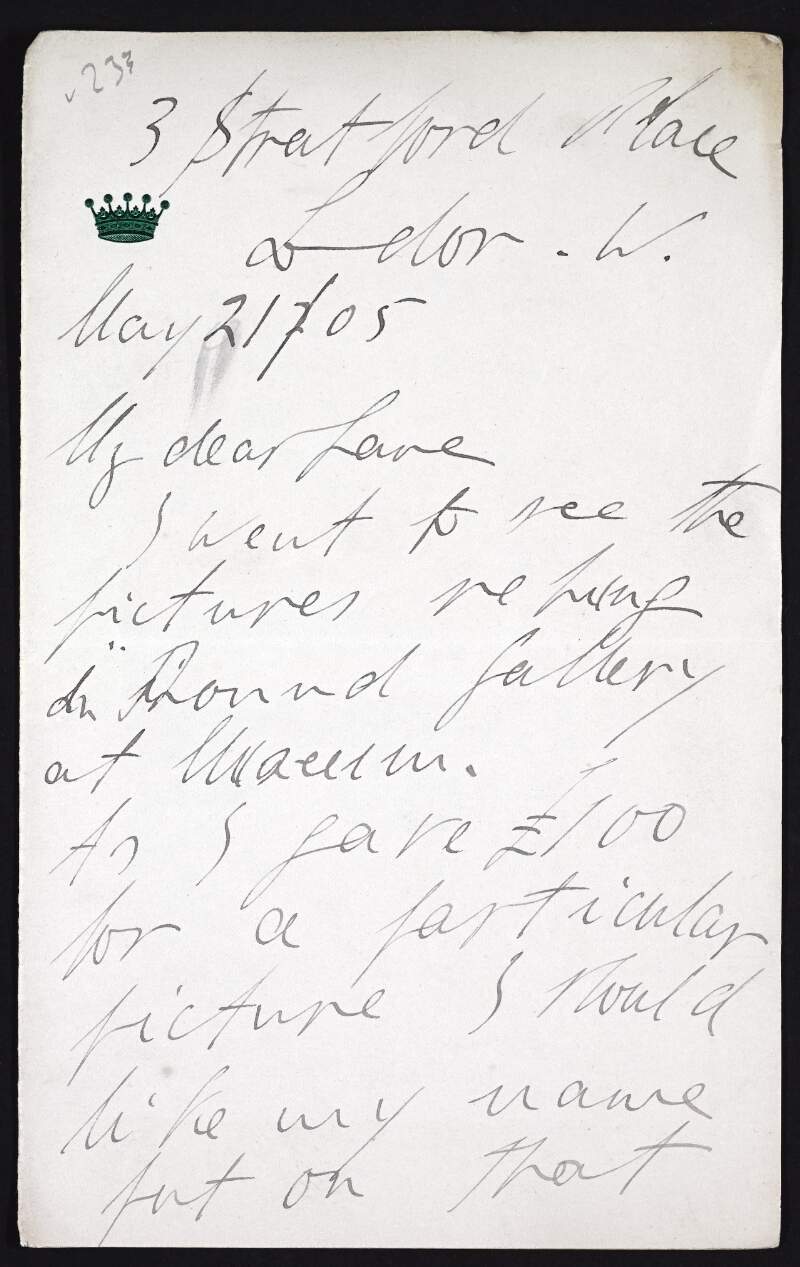Letter from Dermot Wyndham-Bourke, 7th Earl of Mayo to Hugh Lane asking for his name to be displayed on a picture that he has donated,