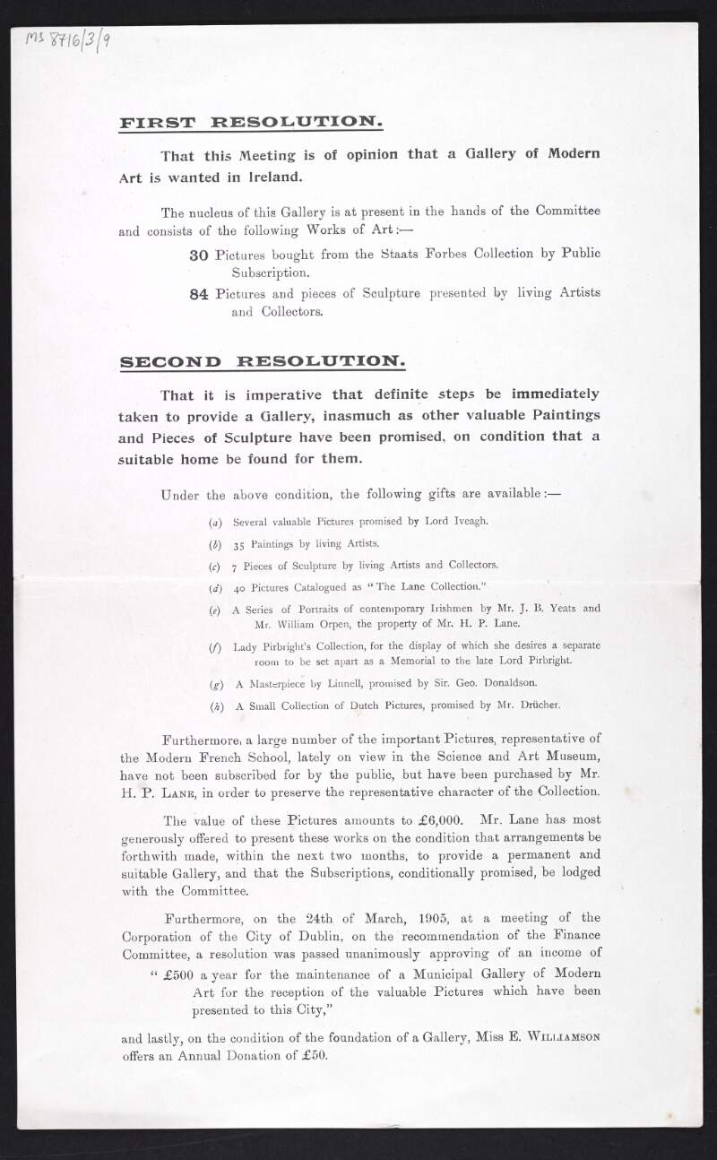 Circular outlining two resolutions that resulted from a meeting and relate to the opening of a gallery of modern art in Dublin,