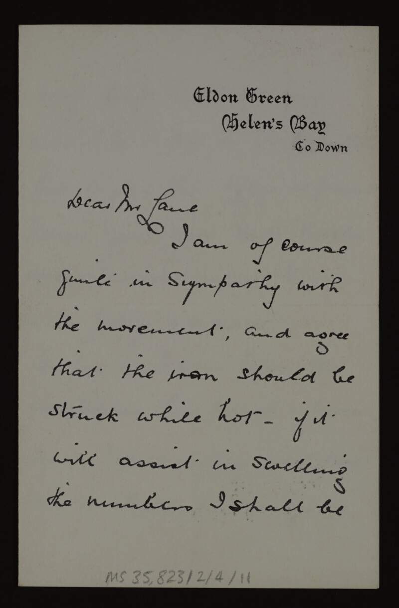 Letter from Vincent Craig to Hugh Lane agreeing to have his name put on the committee and thanking him for a successful exhibition in Belfast,