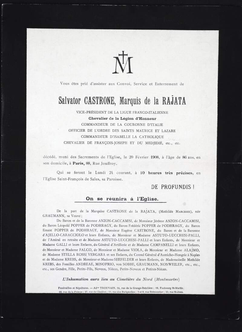 Invitation to the convoy, service and burial of Salvatore [Marchesi de] Castrone, who died on the 20th of February 1908,