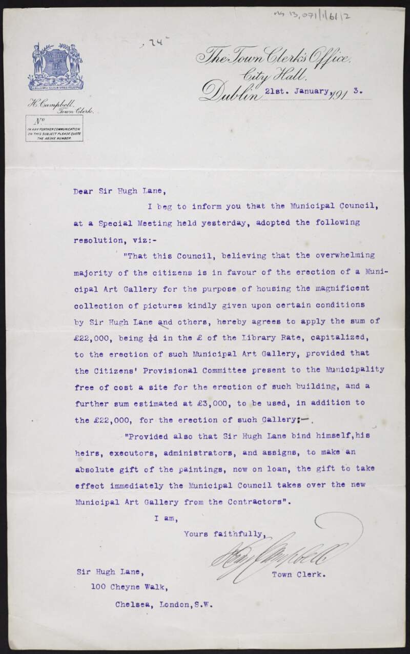 Letter from Henry Campbell to Hugh Lane about a resolution adopted by the Municipal Council regarding the building of a Municipal Gallery and the gift of paintings by Hugh Lane,