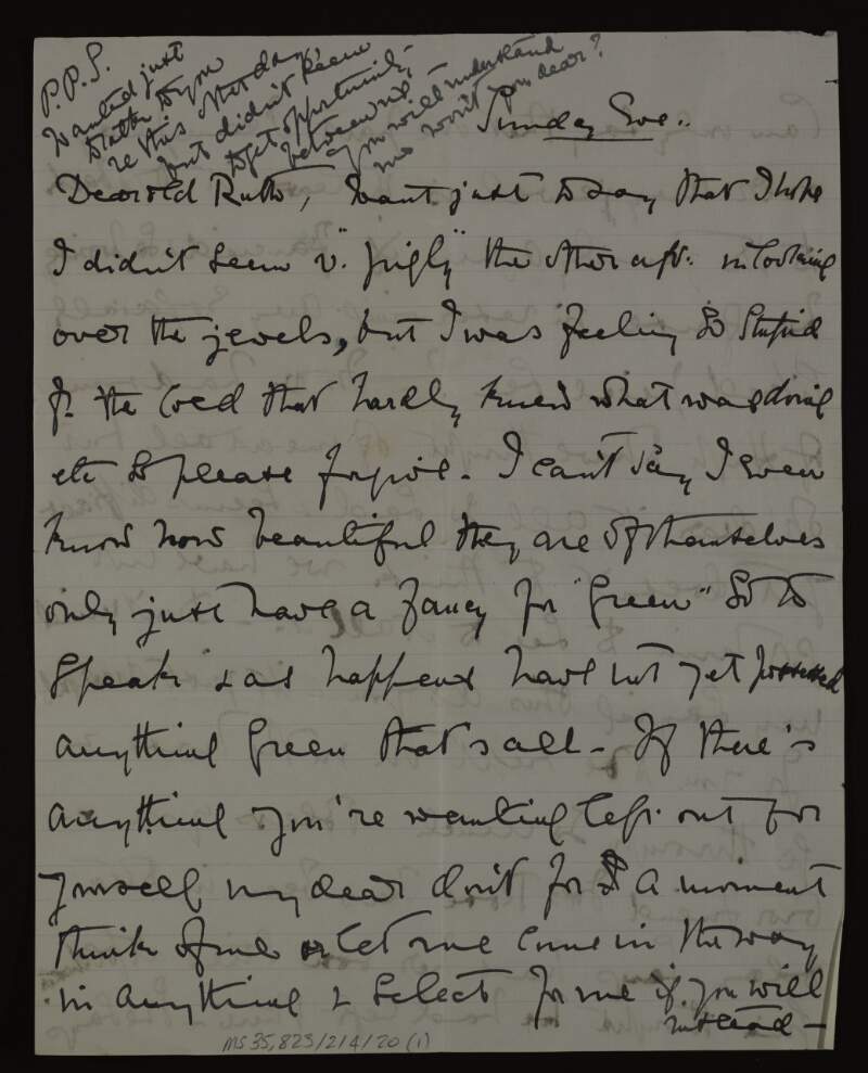 Letter from Ida Cunynghame to Ruth Shine regarding jewels, "Lee", and the war in Colchester,