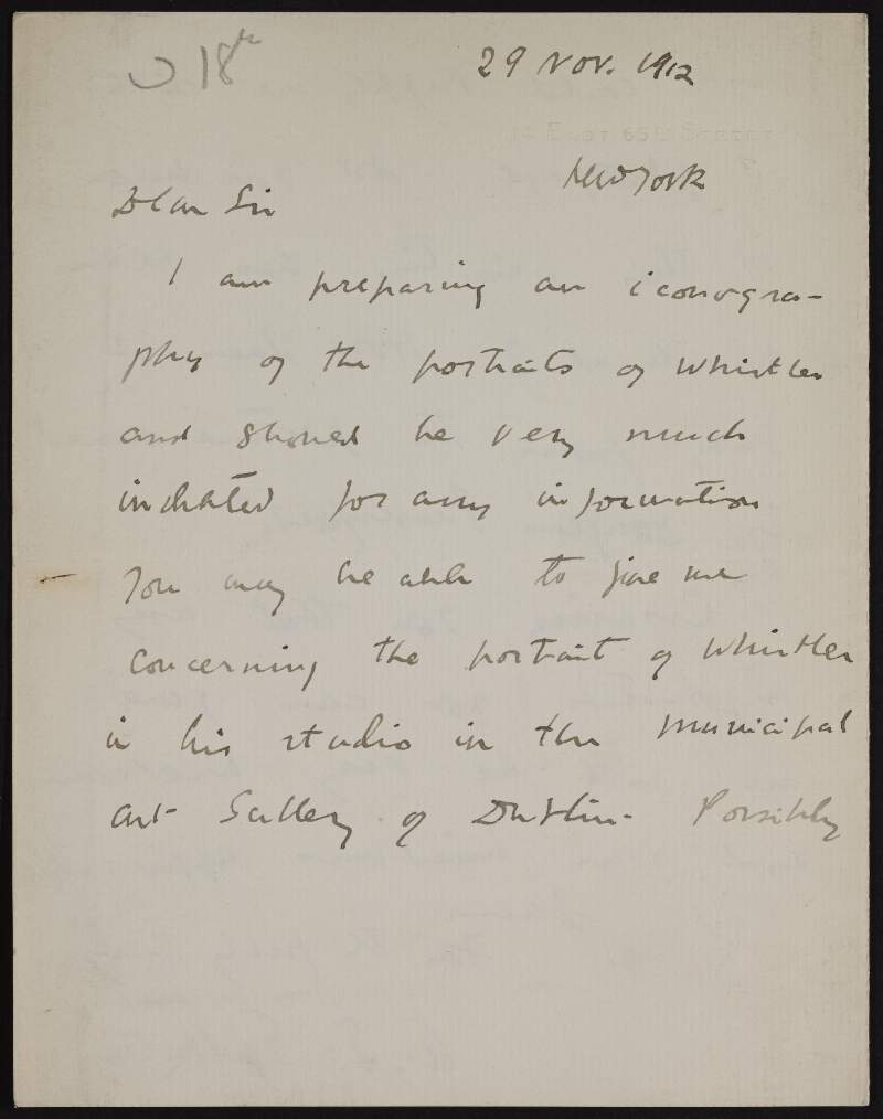 Letter from A. E. Gallatin to Hugh Lane requesting information in regards to the portraits of James Abbott McNeill Whistler, as he is preparing an iconography of his portraits,