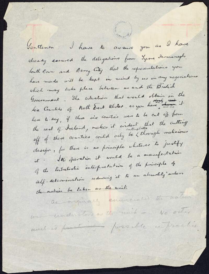 Autograph draft by Michael Collins of his reply to a nationalist delegation from the North of Ireland,